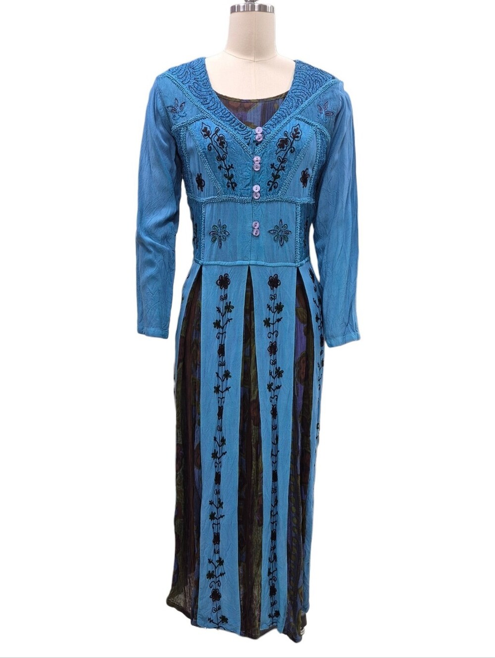 Marisol maxi dress women's small blue mixed media embroidered Boho Renaissance
